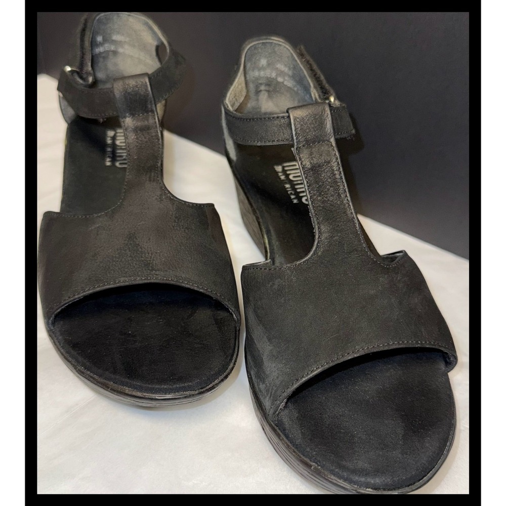 Munro Vanna Wedge Sandals Women 9 Black Nubuck T-Strap Comfort Shoes M391586